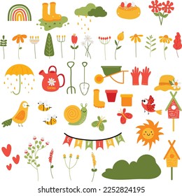 Spring set, hand drawn elements- flowers, birds, wreaths, quotes and other. Perfect for scrapbooking, greeting card, party invitation, poster, tag, sticker kit. Vector illustration.