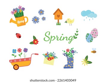 Spring set, hand drawn elements  flowers, birds, wreaths, quotes and other. Vector illustration.
