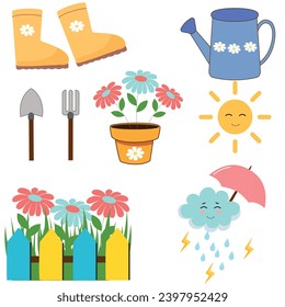 Spring set of hand drawn elements. Yellow rubber boots, sun, watering can, umbrella, flowers. Suitable for scrapbooking, greeting card, poster, tag, sticker set. Vector illustration.