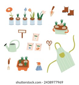 Spring set, hand drawn elements- flowers, rabbit, Easter, gardening, flowers, beds, bulbs, cart, watering can, apron, seeds, gardening supplies. Perfect for scrapbooking, greeting card, party invitati