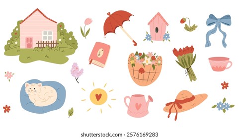 spring set of hand drawn elements. cute spring set