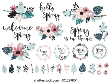 Spring set, hand drawn elements - calligraphy, flowers, bouquets, wreaths, and other. Perfect for greeting card, poster, tag, invitation, sticker kit. Vector illustration.