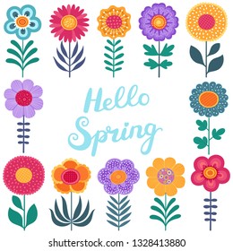 Spring set, hand drawn flowers and calligraphy on white background.