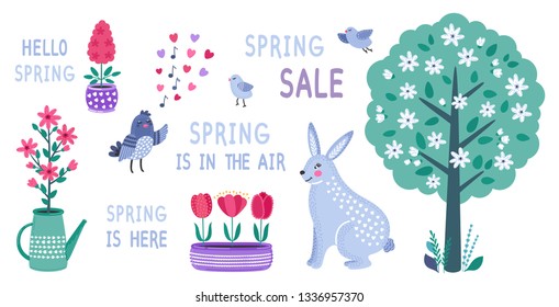 Spring set. Hand drawn flowers, birds, rabbit and calligraphy on white background. Cute flat vector illustrations in bright colors for stickers, tags, labels. EPS 8.