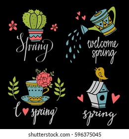 Spring set hand drawn isolated on black background. Hand written text, lettering
