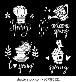 Spring set hand drawn isolated on black background. Hand written text, lettering