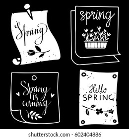 Spring set hand drawn. Paper pages. Tulips flowers, hearts. Isolated on black background. Hand written text, lettering