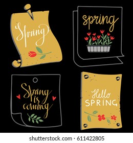 Spring set hand drawn. Paper pages. Tulips flowers, hearts. Isolated on black background. Hand written text, lettering