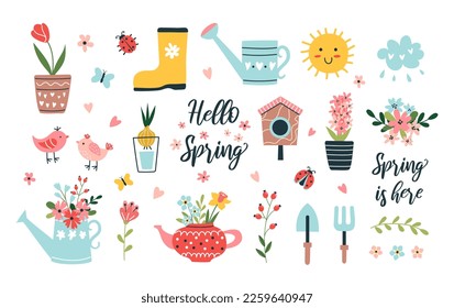 Conjunto primavera de elementos dibujados a mano. Flores, pájaro, lata de agua, citas y mucho más. Adecuado para la reserva de recortes, tarjeta de saludo, invitación de fiesta, afiche, etiqueta, juego de emoticones. Ilustración vectorial.