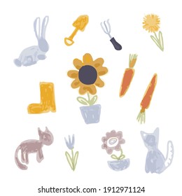 spring set of hand-drawn illustrations. simple drawing for stickers, posters