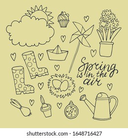 Spring set. Hand-drawn vector illustration. Hand lettering.