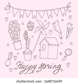 Spring set. Hand-drawn vector illustration. Hand lettering.