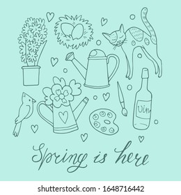Spring set. Hand-drawn vector illustration. Hand lettering.