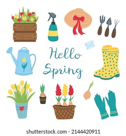 Spring set of handdrown garden items. Flat vector illustration.