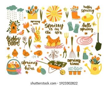 Spring set. Happy Easter with rabbit, eggs, chicken, inscriptions. Hello spring with garden items. Vector set.