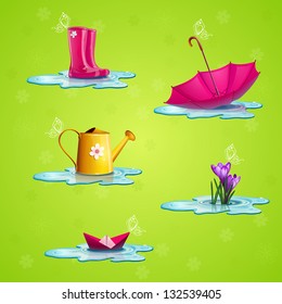 Spring set of icons. Pink rubber boots, a bright umbrella, paper boat, flower, yellow tea, blue puddle