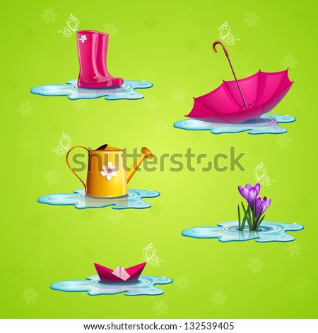 Spring set of icons. Pink rubber boots, a bright umbrella, paper boat, flower, yellow tea, blue puddle