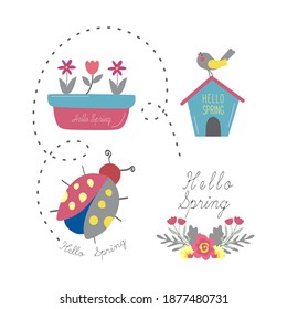 conjunto de primavera. ilustración de primavera. macetas de flores, casas de aves, ladybugs y ramos de flores con el texto "hola primavera".