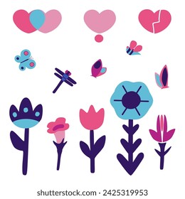 Spring set of illustrations. Design of cards, congratulations, invitations. Love, hearts, flowers and insects. Flat, minimalistic. Vector