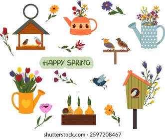 Spring set of illustrations. Flower bouquets in watering cans, a teapot with flowers, a birdhouse and birds. A box with flower bulbs. A bird feeder with chicks. Vector illustration