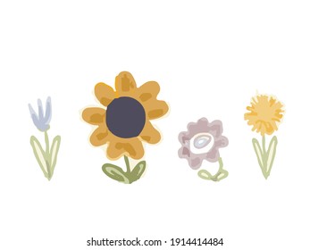 spring set of illustrations of flowers drawn by hand. simple drawing for stickers, posters