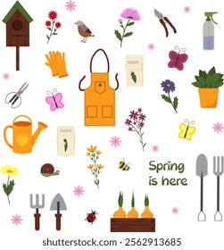 Spring set of items for the garden. Flowers, birdhouse and birds, shovel and pitchfork. Butterflies, insects, snails and ladybugs. Seeds for planting. Vector illustration