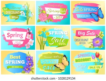 Spring set of labels discounts advertisement stickers colorful bouquets of tulips, snowdrops, crocus and sakura branches promo emblems color vector