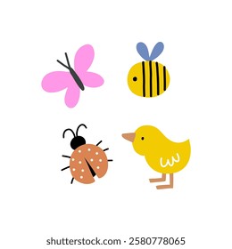 Spring set with ladybug, bee, duck. Flat style, vector print