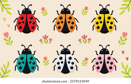 spring set ladybugs and flowers flat vector illustration