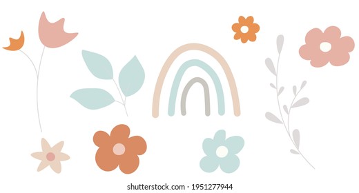 La primavera con hojas , flores y arcoiris de estilo retro. Colores desnudos. Diseño de vectores para tarjetas, impresos, libros, historias de niños aislados en fondo blanco 