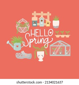 Spring set with lettering, flat design, vector