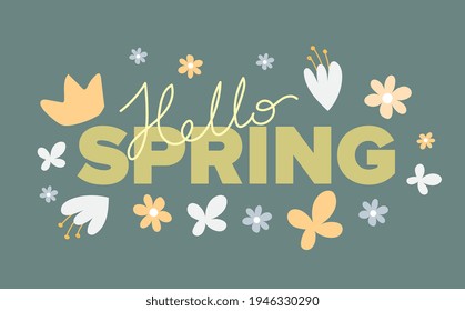 Banner de la primavera de letras y flores. Ilustración de estilo plano.