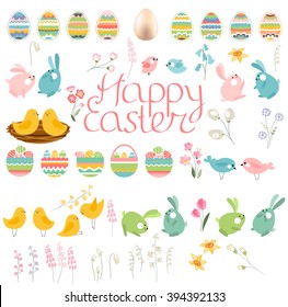 Spring set. Phrase Happy Easter. Painted eggs, spring flowers,tulips, chickens and rabbits. Objects for your design, festive greeting cards,  announcements, posters.