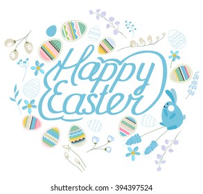Spring set. Phrase Happy Easter. Painted eggs, spring flowers, pussy willow and rabbits. Objects for your design, festive greeting cards,  announcements, posters.