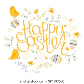 Spring set. Phrase Happy Easter. Painted eggs, spring flowers,daffodils and chickens. Objects for your design, festive greeting cards,  announcements, posters.