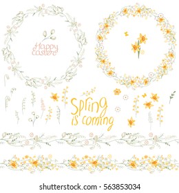 Spring set. Phrase Happy Easter. Painted eggs, spring flowers, chickens and rabbits. Objects for your design, festive greeting cards,  announcements, posters.