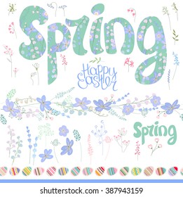 Spring set. Phrase made of flowers, isolated floral objects, seamless pattern brush. Objects for your floral design, festive greeting cards,  posters.