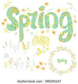 Spring set. Phrase made of flowers, isolated floral objects, text happy easter, painted eggs, round frame.  Objects for your design, festive greeting cards,  , posters.