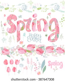 Juego de primavera. Frase hecha de tulipanes, flores y hierbas aisladas, pascua feliz de texto, cepillo de patrón sin fisuras con tulipanes. Objetos para su diseño, tarjetas de felicitación festiva, anuncios, afiches.
