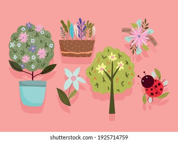 Spring Set Of Plant Tree Flowers Boquet And Ladybug Vector Illustration