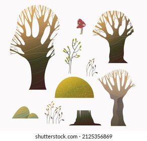 Spring set of plants. Trees, bushes, stones, mushrooms, flowers. Forest. Vector illustration.