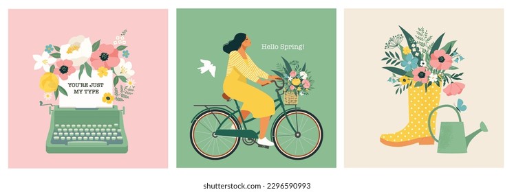 Juego de postales de primavera. Una máquina de escribir con el texto de felicitaciones, una chica montando una bicicleta, un ramo con una bota de goma y una lata de agua en el jardín. Elementos para tarjeta, cartel, volante y otros usos.