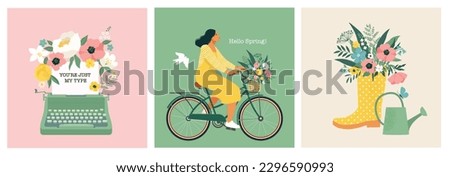 Spring set of postcards. A typewriter with the text of congratulations, a girl riding a bicycle, a bouquet in a rubber boot and a garden watering can. Elements for card, poster, flyer and other use.