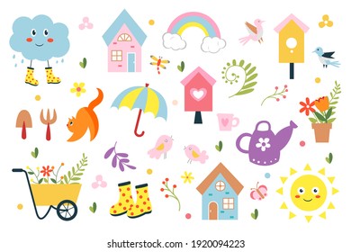 Spring set - scraper, house, birds, sun, rainbow, cloud, flowers, boots and others. Great for web page design, baby stickers, poster, greeting cards. Vector flat style illustration.