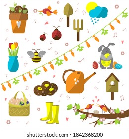 spring set signs. flat spring seasonal icons. Watering can, flower pot, sprout, seeds, birdhouse, boots, pitchfork, shovel, ladybug, bee, birds, Easter bunny, Easter egg, flowers