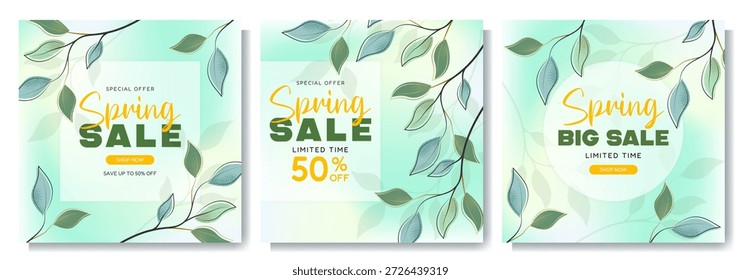 Spring set of square sale postcards. Delicate gradient shades highlight the special offer and draw attention to the promotion, while the modern design makes advertising memorable and effective. Use for window displays, websites, and social media to create a sense of freshness, premium quality, and seasonal renewal, and to attract shoppers to special offers.
