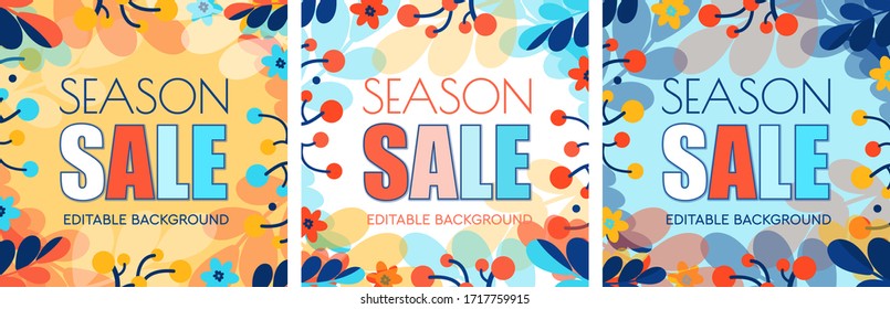 Spring Set of square social media post templates, spring frames of leaves with copy space. Used for sale advertisement or post template. Hand drawn bloom flowers and leaves.
