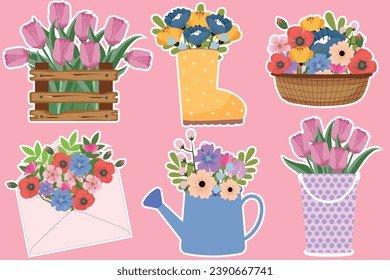 Frühlingsbesteck. Blumenstrauß in einer Wasserdose, einem Korb, einem Umschlag, einer Schachtel, einem Kofferraum. Saisonale Symbole. Geeignet für Scrapbooking, Grußkarte, Aufkleber, Blumenladen