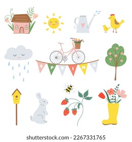 Spring set, sun, cloud, bike, flowers, hen and chick, strawberry and watering can.
