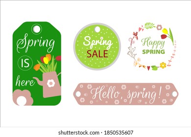 spring set of tags, labels, stickers. springtime cute decor flowers, bouquets, leaves, jug. Vector illustration